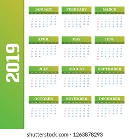 2019 Calendar Template. Vector background