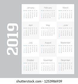 2019 Calendar Template. Vector Gray background