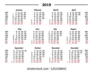 2019 Calendar Template Vector Illustration