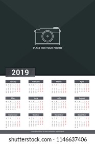 2019 Calendar template, week starts on Monday, a3 size, place for your photo, vector eps10 illustration