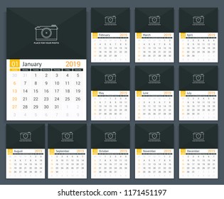 2019 Calendar template, week starts on Sunday, a3 size, place for your photo, vector eps10 illustration