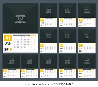 2019 Calendar template, week starts on Monday, a3 size, place for your photo, vector eps10 illustration