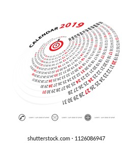 2019 Calendar Template.Spiral calendar.Calendar 2019 Set of 12 Months.Vector design stationery template.Vector Illustration