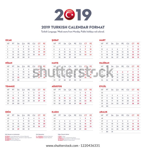 2019 Calendar Turkish Starts Monday Public Stock Vector Royalty Free 1220436331
