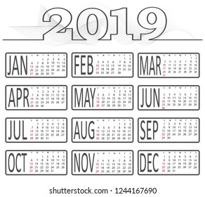 2019 calendar vector. Annual calendar layout grid.
