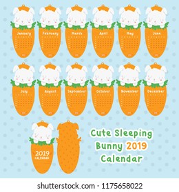 2019 Calendar vector design. Cute sleeping bunny on top of big carrot, calendar cartoon vector. Printable animal 2019 calendar template