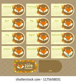 2019 Calendar vector design. Cute autumn fox with different expressions cartoon vector. Printable animal 2019 calendar template