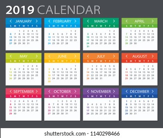 2019 Calendar - vector illustration.  Template. Mock up. Week starts Sunday