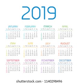 2019 Calendar - vector illustration. Template. Mock up. Week starts Sunday