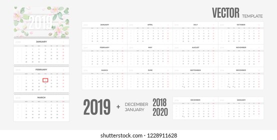 2019 Calendar. Vector Quarterly Template Ready For Print With Soft Floral Background And 3 Month Pages For Wall. Week Starts Monday.