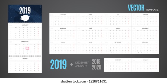 2019 Calendar. Vector quarterly template ready for print with pig on the background and 3 month pages for wall. Week starts Monday.