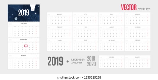 2019 Calendar. Vector quarterly template ready for print with fun space background and 3 month pages for wall. Week starts Monday.