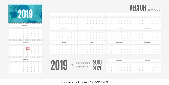 2019 Calendar. Vector quarterly template ready for print with background and 3 month pages for wall. Week starts Monday.