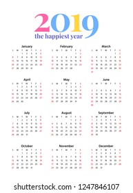 2019 Calendar. Vector. Stationery 2019 year vertical pocket template. Week starts Sunday in minimal simple style. Yearly calendar organizer. Portrait orientation, english. Colorful illustration.