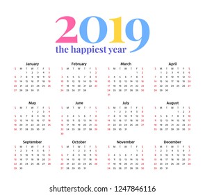 2019 Calendar. Vector. Stationery 2019 year template. Week starts Sunday in minimal simple style. Yearly calendar organizer, english. Colorful illustration.