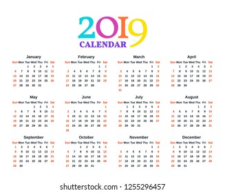 2019 Calendar. Vector. Stationery 2019 year template. Week starts Sunday. Diary in simple minimal style. Yearly calendar organizer, english. Colorful illustration.