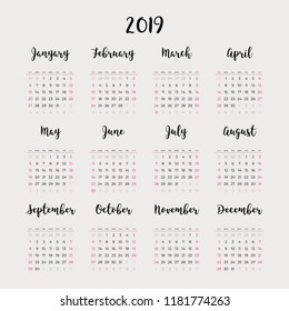 2019 calendar vector template, week starts Sunday, size 300x300mm