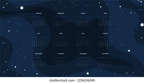 2019 Calendar. Vector wall horizontal template with space style color background.