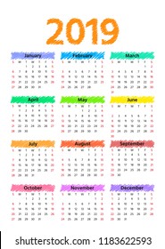 2019 Calendar. Vector. Week starts Sunday. Stationery 2019 year vertical template in minimal simple design. Yearly calendar organizer for weeks. Portrait orientation, english. Colorful illustration.