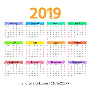 2019 Calendar. Vector. Week starts Sunday in minimal simple style. Stationery 2019 year horizontal template. Yearly calendar organizer. Landscape orientation, english. Colorful illustration.