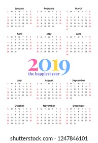 2019 Calendar. Vector. Week starts Sunday in minimal simple style. Stationery 2019 year vertical pocket template. Yearly calendar organizer. Colorful illustration. Portrait orientation, english. 