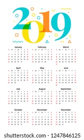 2019 Calendar. Vector. Week starts Sunday in minimal style. Yearly calendar organizer. Stationery 2019 year vertical pocket template. Portrait orientation, english. Colorful illustration.
