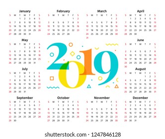 2019 Calendar. Vector. Week starts Sunday in minimal style. Stationery 2019 year horizontal template. Yearly calendar organizer, english. Colorful illustration.
