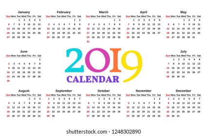 2019 Calendar. Vector. Week starts Sunday. Stationery 2019 year horizontal pocket template in simple minimal style. Yearly calendar organizer. Landscape orientation, english. Colorful illustration.