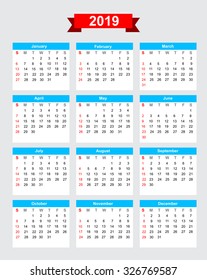 2019 calendar week start sunday vector eps10