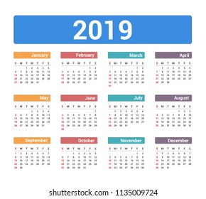 2019 Calendar, week starts on Sunday, vector eps10 illustration