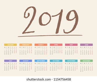 2019 Calendar, week starts on Monday, vector eps10 illustration