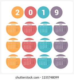2019 Calendar, week starts on Monday, vector eps10 illustration