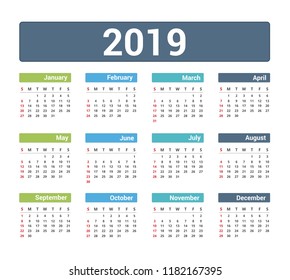 2019 Calendar, week starts on Sunday, vector eps10 illustration