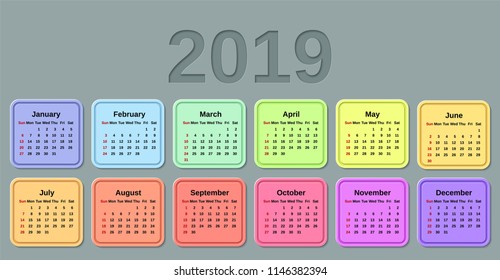 2019 Calendar. Week starts Sunday. Vector. Stationery 2019 template with months of the year. Yearly colorful calendar organizer for weeks on gray background.