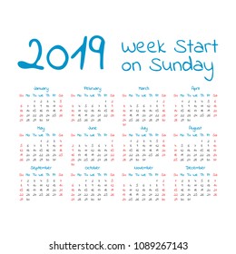2019 Calendar. Weeks start on Sunday