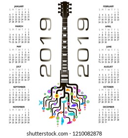 2019 Calendar with a whimsical guitar background for Print or Web