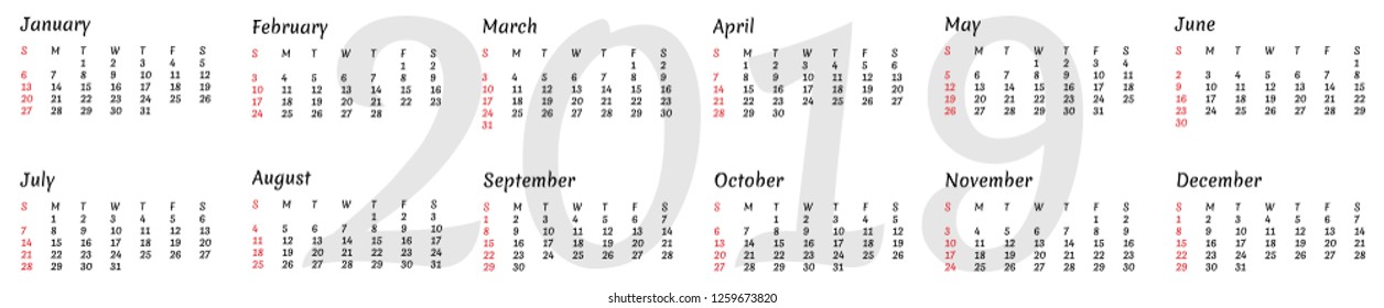 2019 calendar year - vector illustration, vintage font. The week starts on Sunday american standard.