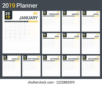 2019 Calendar-planner template, planner, 12 pages, week starts on Monday, vector eps10 illustration