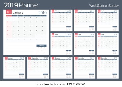 2019 Calendar-planner template, planner, 12 pages, week starts on Sunday, vector eps10 illustration