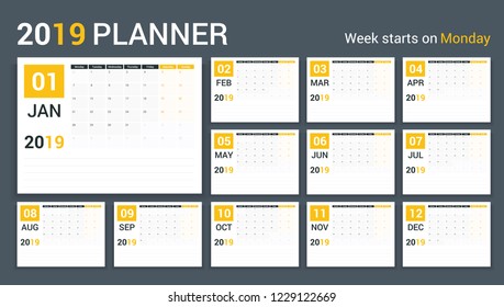 2019 Calendar-planner template, planner, 12 pages, week starts on Monday, vector eps10 illustration