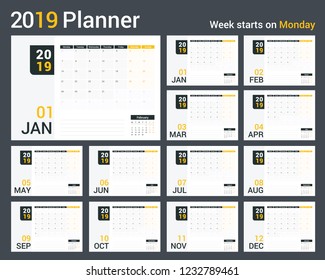 2019 Calendar-planner template, planner, 12 pages, week starts on Monday, vector eps10 illustration