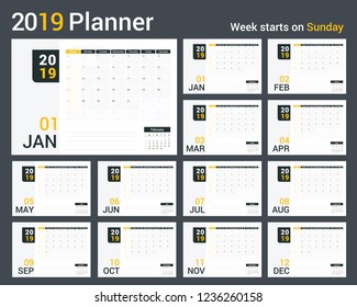 2019 Calendar-planner template, planner, 12 pages, week starts on Sunday, vector eps10 illustration