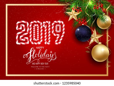 2019 Candy style Holidays Greeting Card for Winter Happy Holidays.Fir-tree Branches frame with Stars,3d Balls on background.Vector Lettering calligraphy for greeting card, poster,invitation