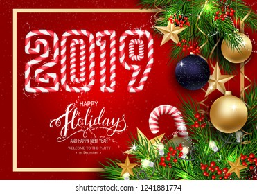 2019 Candy Style Holidays Greeting Card for Winter Happy Holidays. Fir-tree Branches frame with Lettering3d Stars, 3d Balls, Candy Cane. Great for greeting card, poster, invitation