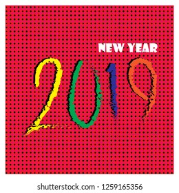 2019 celebration of new year banner design. Design paint brush colorful on red metal hole. Design print for cover, calendar, paper, sign, background. Set 3
