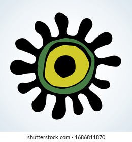 2019 China H1n1 Dna Sars Fungu Syndrome Outbreak. Line Green Hand Drawn Flat Alien System Logo Pictogram Emblem Concept Design In Modern Art Cartoon Graphic Style. Closeup Detail View White Text Space