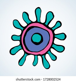 2019 China H1n1 Dna Sars Fungu Syndrome Outbreak. Line Teal Hand Drawn Flat Alien System Logo Pictogram Emblem Concept Design In Modern Art Cartoon Graphic Style. Closeup Detail View White Text Space