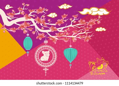 2019 Chinese Greeting Card with cherry blossom Flowers on Geometric Background. Zodiac Pig, Happy New Year