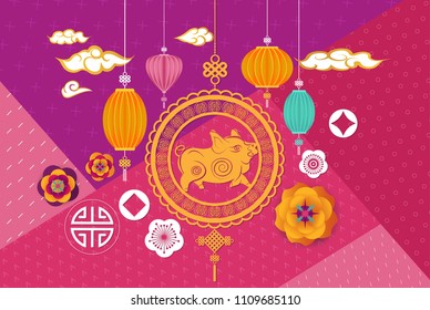 2019 Chinese Greeting Card with Paper cut Emblem and Flowers on Geometric Background. Zodiac Pig, Happy New Year