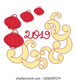 2019. Chinese lanterns, decorative elements.  Vector illustration . Hand drawing 